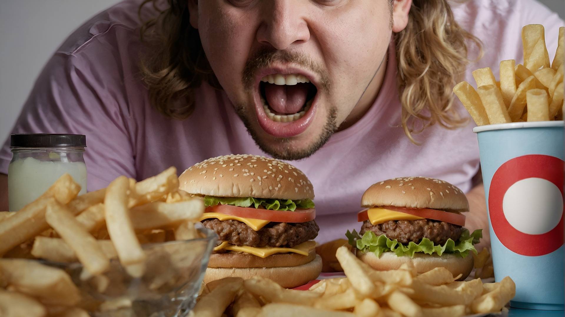 Ein hungriger Mann sitzt vor einem Berg an Pommes und Burgern