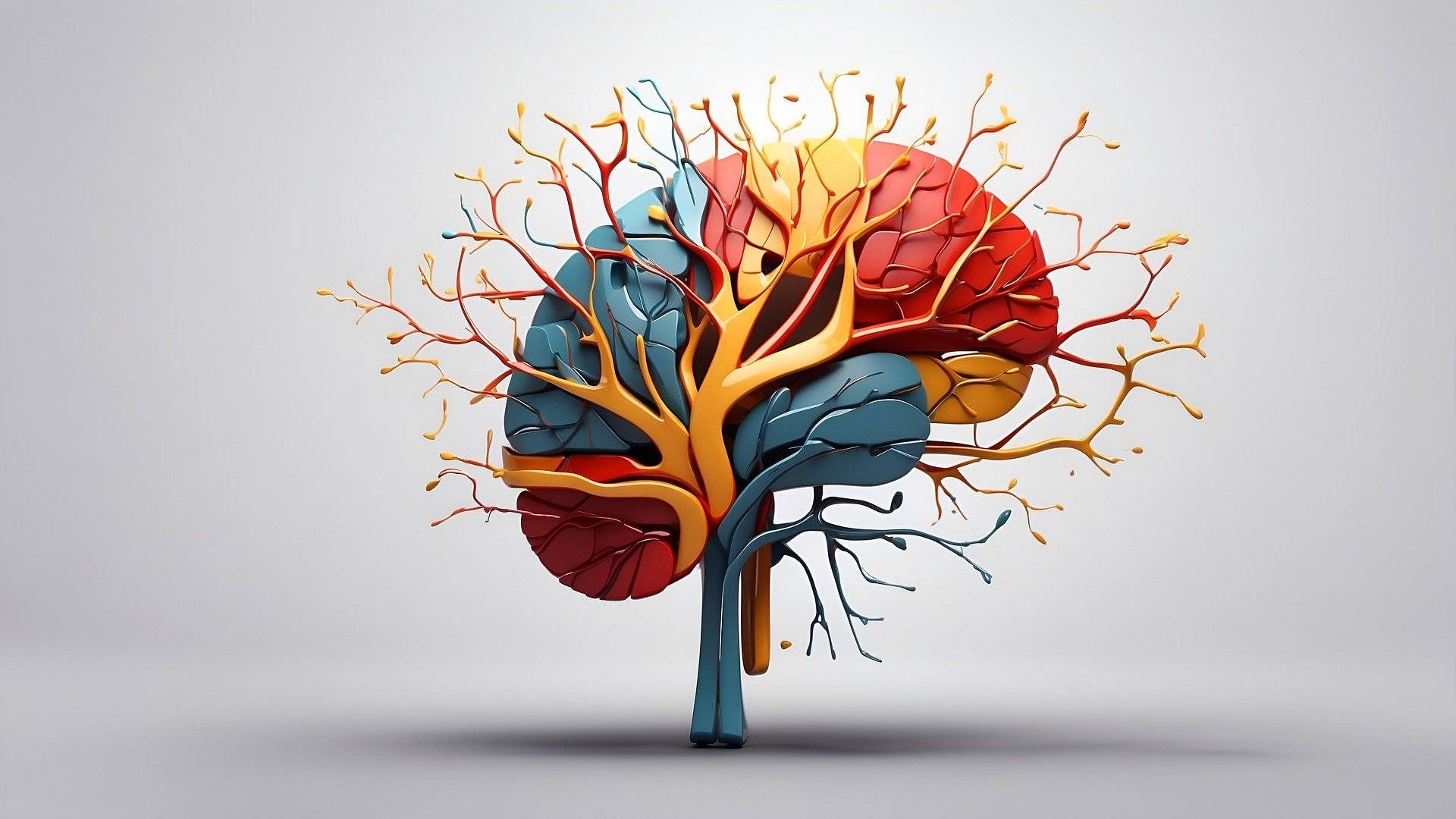 Bunte Illustration eines menschlichen Gehirns mit Neuronen, die in alle Richtungen abzweigen